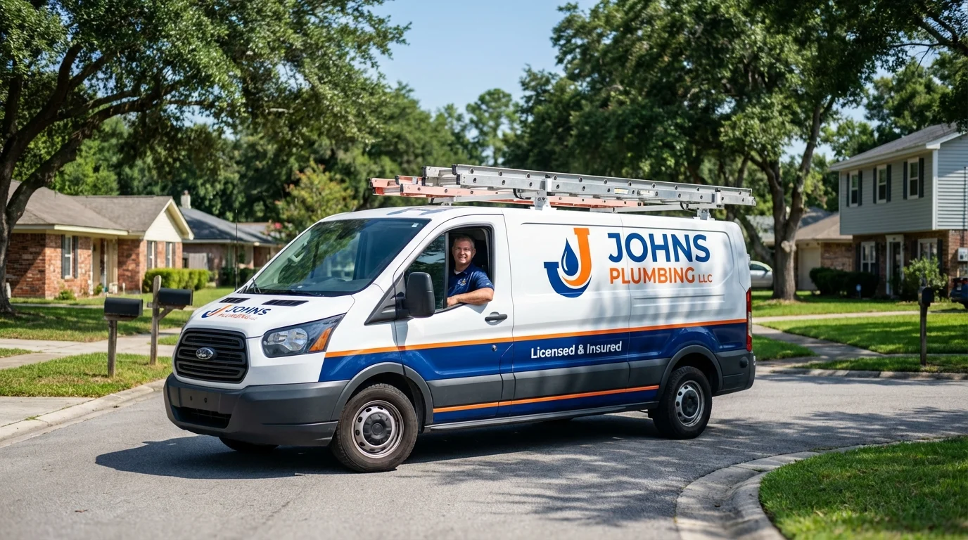 Johns Plumbing LLC service van in Woodbury, CT
