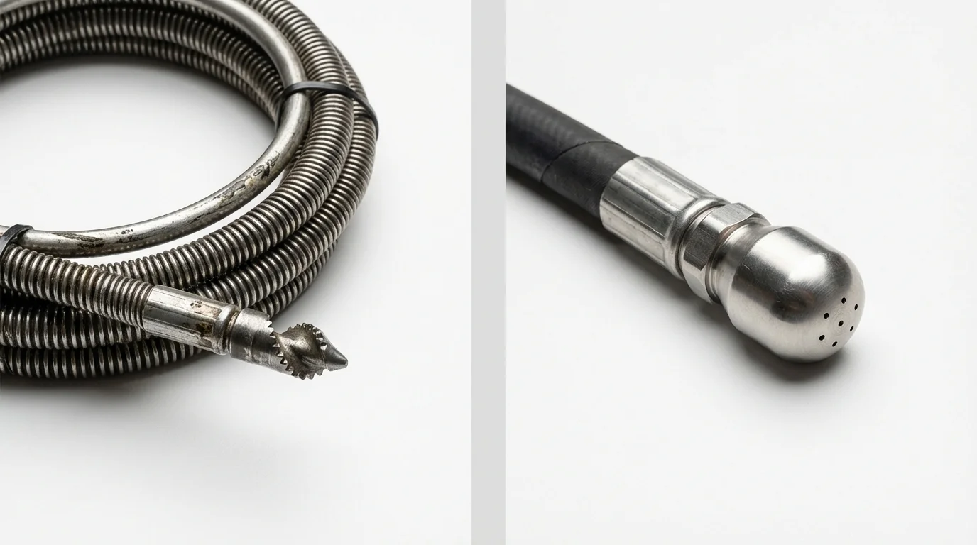 Drain snake cable and hydro jetting nozzle used for drain cleaning in Woodbury, CT