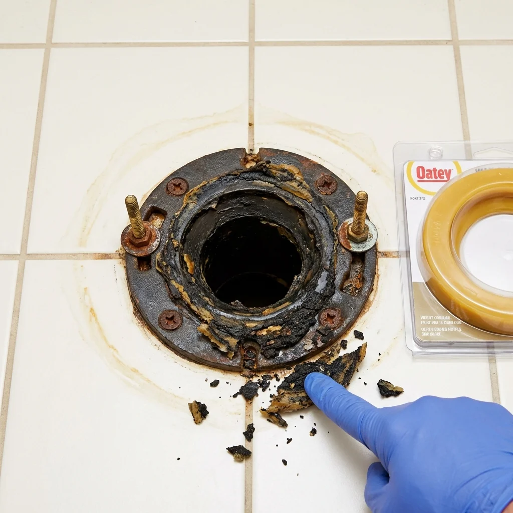 Failed wax ring showing water seepage at the base of a toilet in a Woodbury, CT home