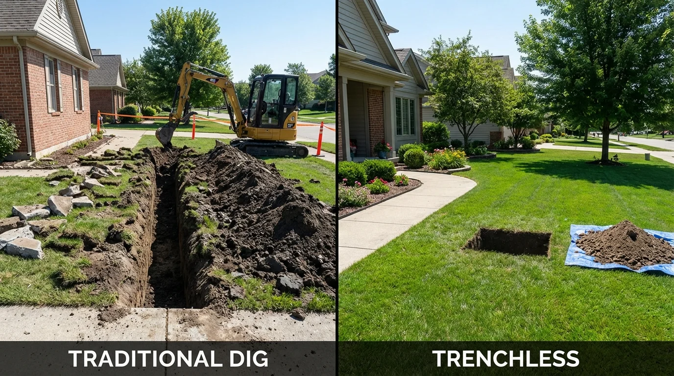 Trenchless sewer repair with minimal yard damage versus traditional excavation in Woodbury, CT