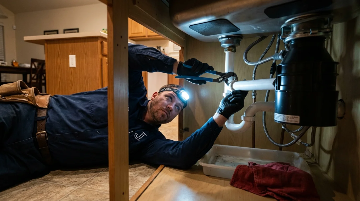 P-trap and supply line connections under a kitchen sink showing a common leak point in Woodbury, CT